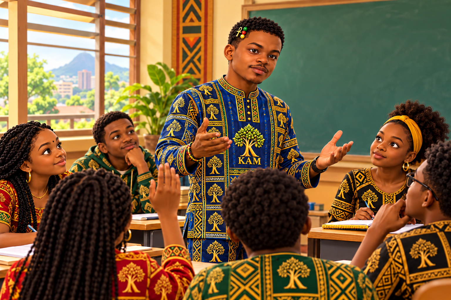 Kam, vêtu de bleu et d’or, prend la parole dans une classe ; les autres participants l’écoutent et l’un lève la main.