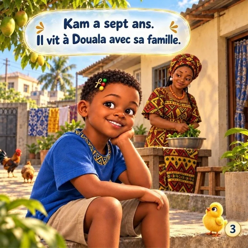 Kam is seven and lives in Douala with his family.