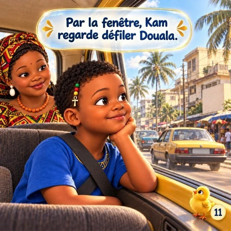 Through the window, Kam watches Douala go by.
