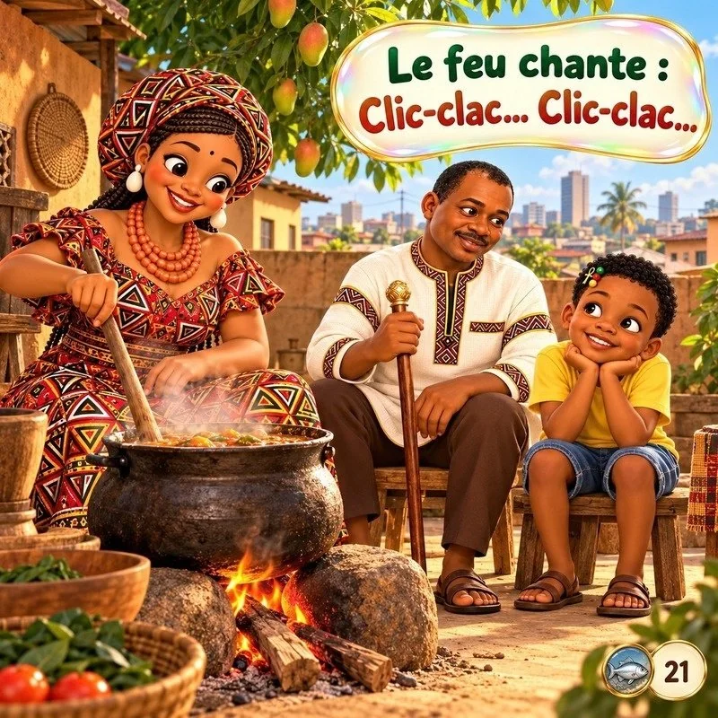 The fire sings: crackle, crackle.